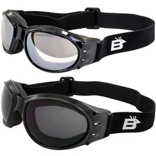 2 Birdz Motorcycle Goggles Black Frames with Clear Mirror & Smoke Lenses