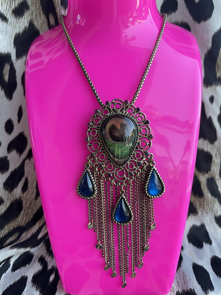 Betsey Johnson Vintage Morocco Adventure Moroccan Peacock Feather Necklace  RARE