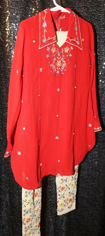 Girls sz 26 2 pc outfit from India red top tan pants see for more