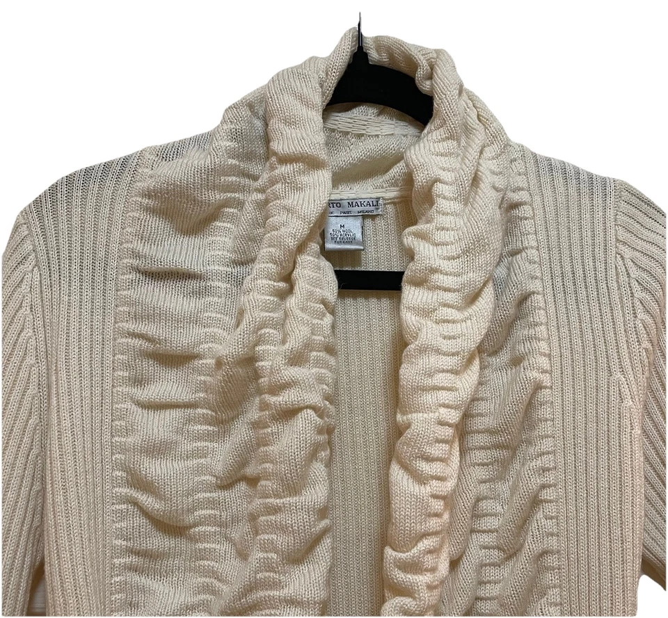 ALBERTO MAKALI Cream Open Ruffled Long Cardigan Sz M - Image 3 of 4