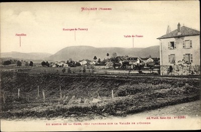 Postcard Mélisey Vosges, Au sortier de la Gare, joli panorama - 3391838