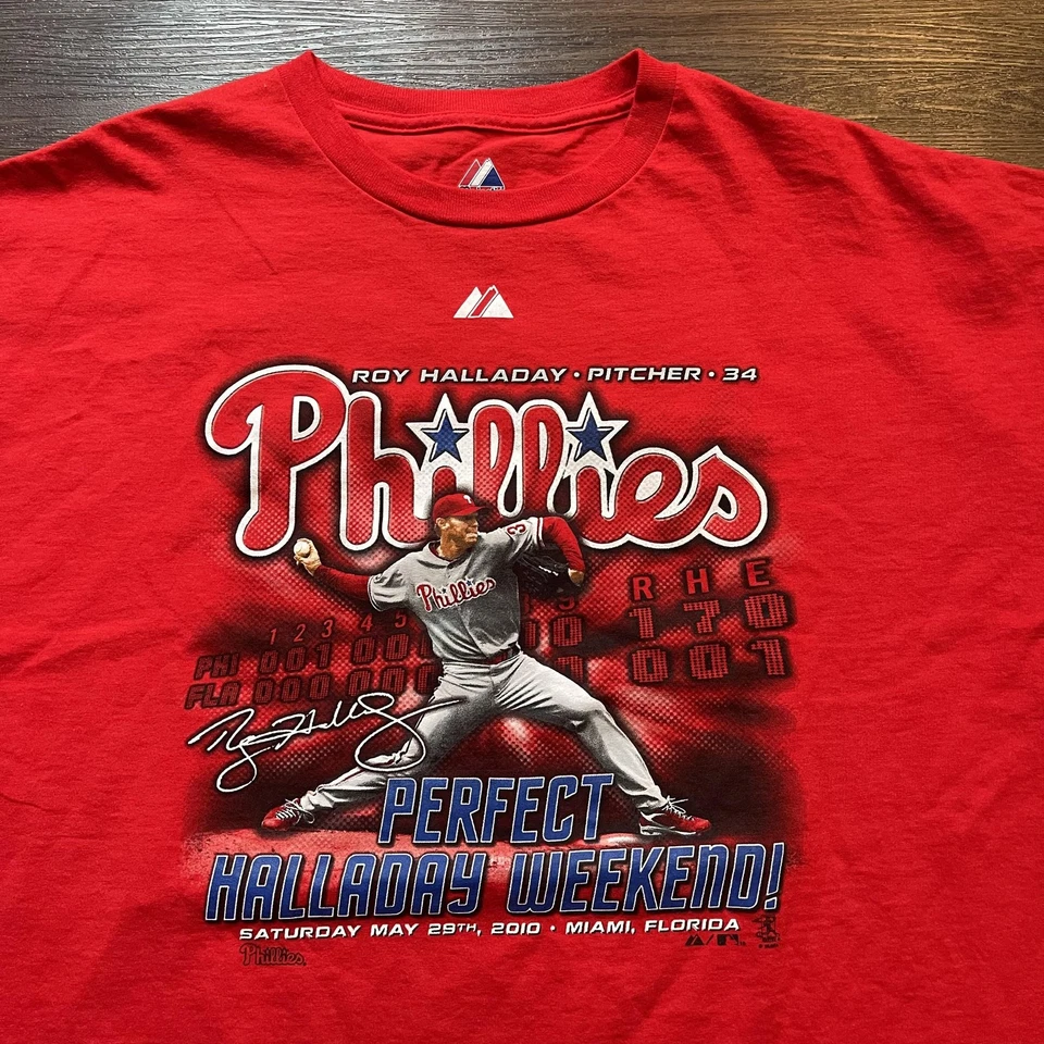 Camisa Philadelphia Phillies Para Hombres 2XL Roja MLB Béisbol Roy Halladay Majestuosa Foto 3 de 4
