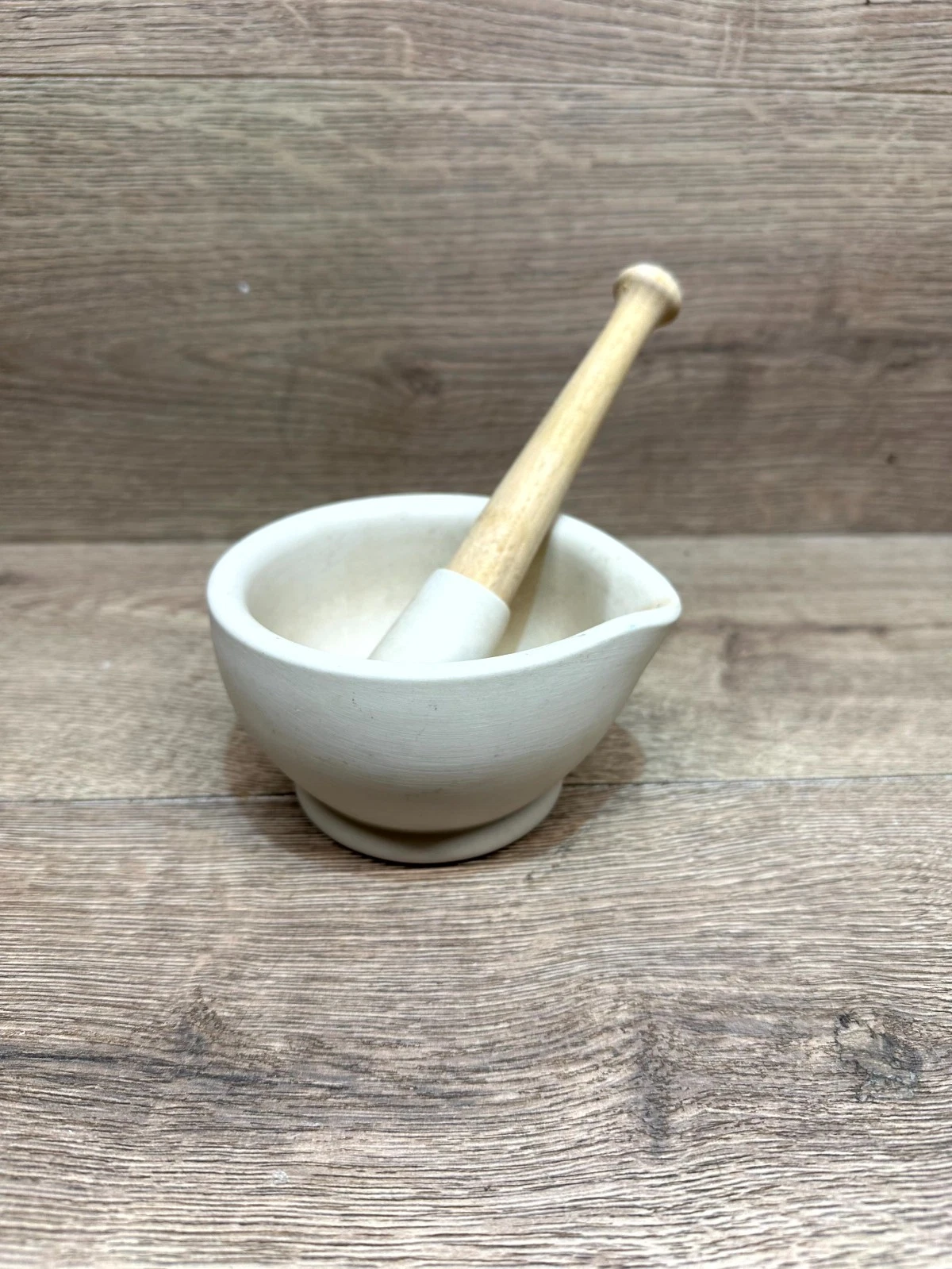 Vintage Milton Brook Unglazed Porcelain Mortar & Pestle White with Wooden Handle