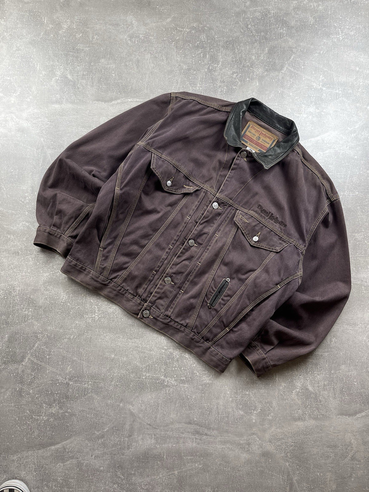 Diesel Industry Vintage Denim / Leather Jacket Brown Leather Collar Sz M Made IT