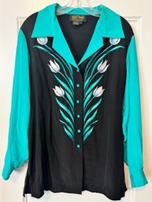 Bob Mackie Wearable Art Silk Embroidered Tulip Button Front Blouse Top L