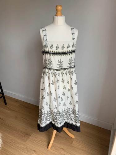 Monsoon 100% Cotton Beaded Midi Sun Dress Silver Floral Strappy Size 16 VGC