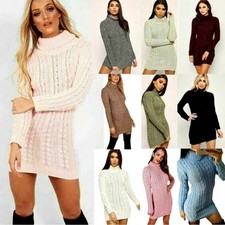 Image of Women's Warm Long Sleeve Chunky Cable Knitted Polo Neck Sweater Jumper Dress