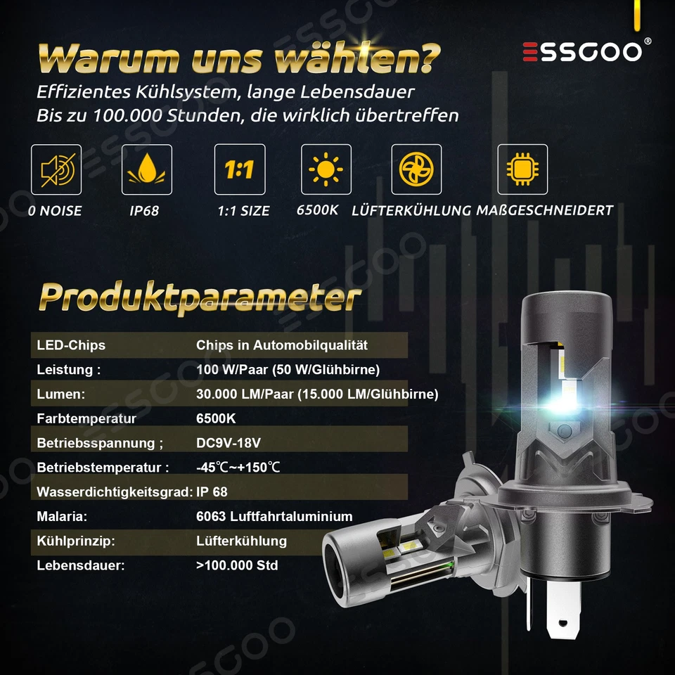 2X H4 LED Scheinwerfer Mit Zulassung 30000LM Halogen DRL Fern/Abblendlicht Wei - Bild 2 von 4