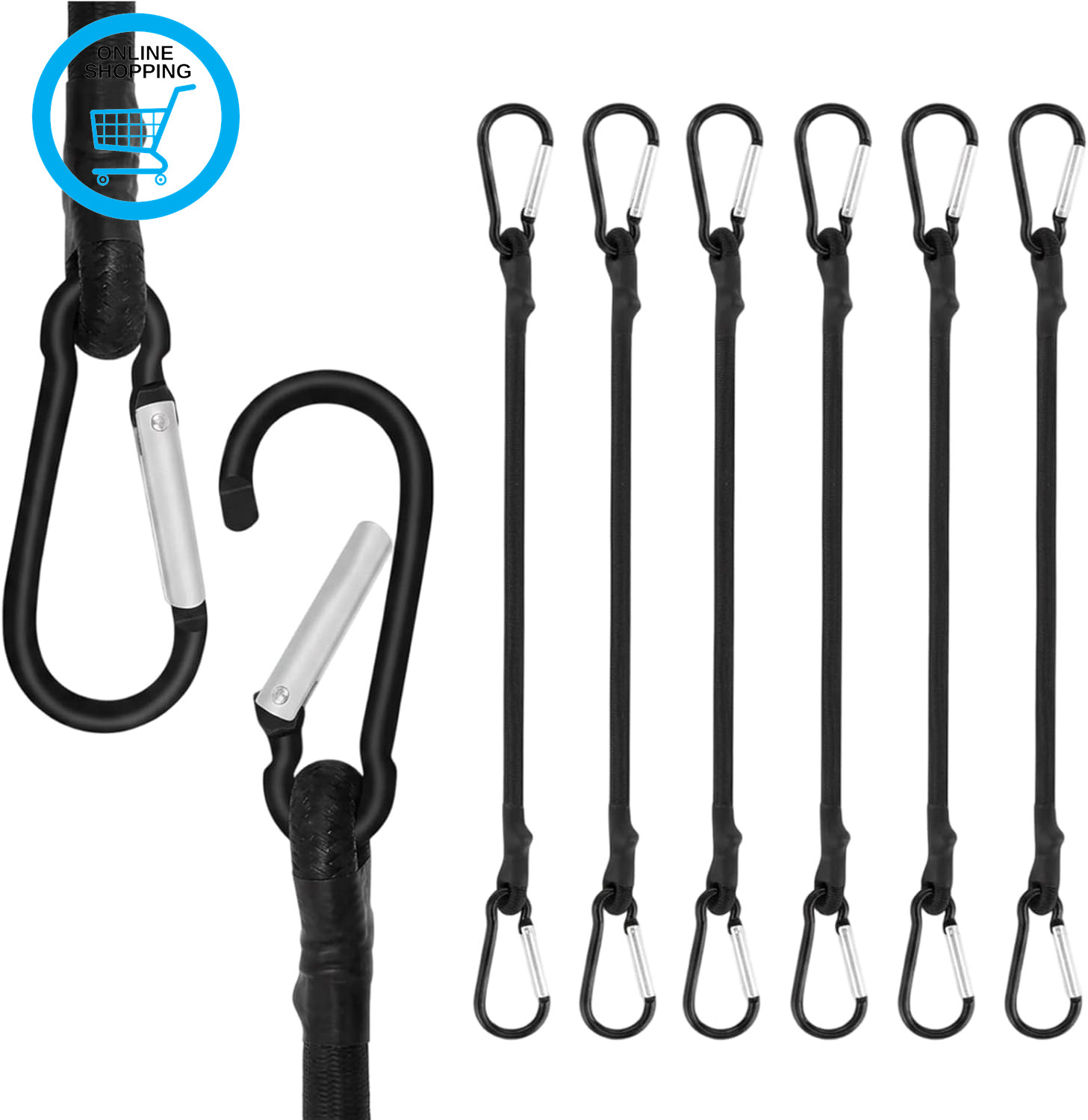 6PCS Bungee Cords with Carabiner Clips, Black Bungee Cords, Elastic Straps with