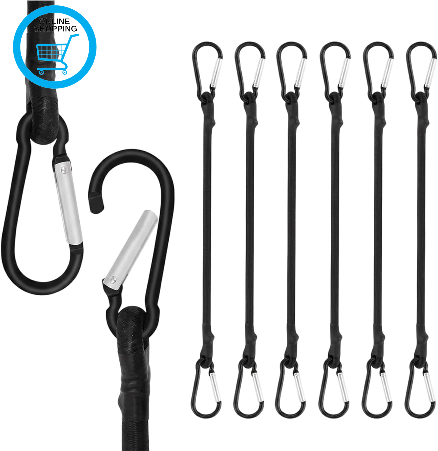 6PCS Bungee Cords with Carabiner Clips, Black Bungee Cords, Elastic Straps with