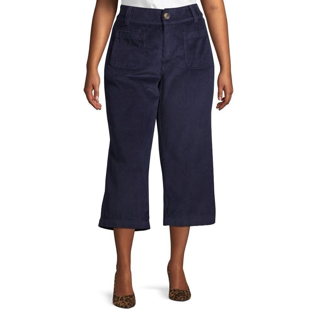 ✅ Per Se Women's Plus Size Wide Leg Crop Cord NAVY SIZE 20W