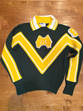 Vintage 80s Dehen Cheerleader Sweater Green Gold Chevron Chenille USA Made 1985
