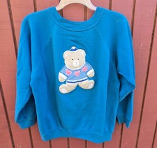 Vintage Teddy Bear Sweatshirt Y2K Pullover Turquoise Embroidered Sz L Hanes