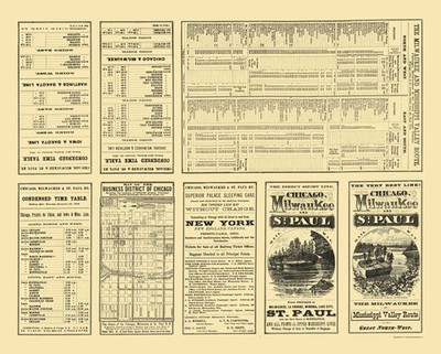 Railroad Map - Chicago Milwaukee St Paul Railway Timetable - Rand McNally 1874