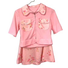 Vintage 70s Handmade Pink Mrs Maisel Skirt Floral Outfit Zip Shirt Chest 33"