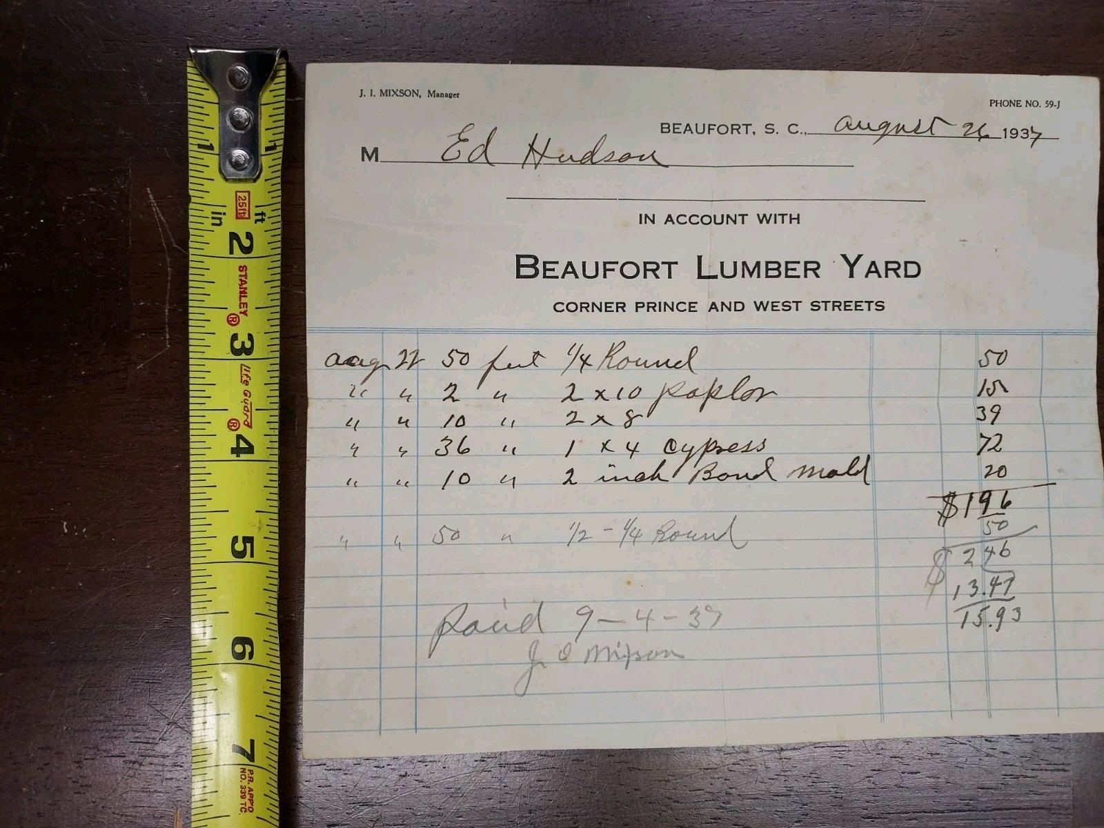 Vintage Hardware & Lumber Invoices 1937 Beaufort SC Lot of 10