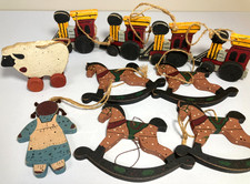 10 Wood Christmas Tree Ornaments Mixed Lot Assorted Vintage Country Decor
