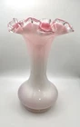 Vintage Fenton White/Pink/Peach Crest Ruffled Crimped Clear Glass Edge Vase 8"H