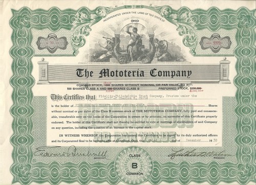 OHIO 1930, The Mototeria Company Stock Certificate, Mobile Meat Wagon - Picture 5 of 7