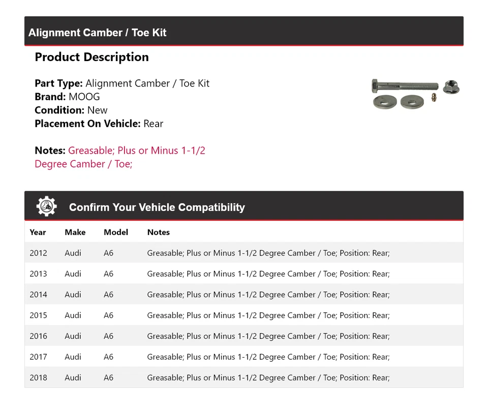 Kit de inclinación/puntera trasera MOOG 2012 2013 2014 2015 para Audi A6 2012-2018 Foto 2 de 4