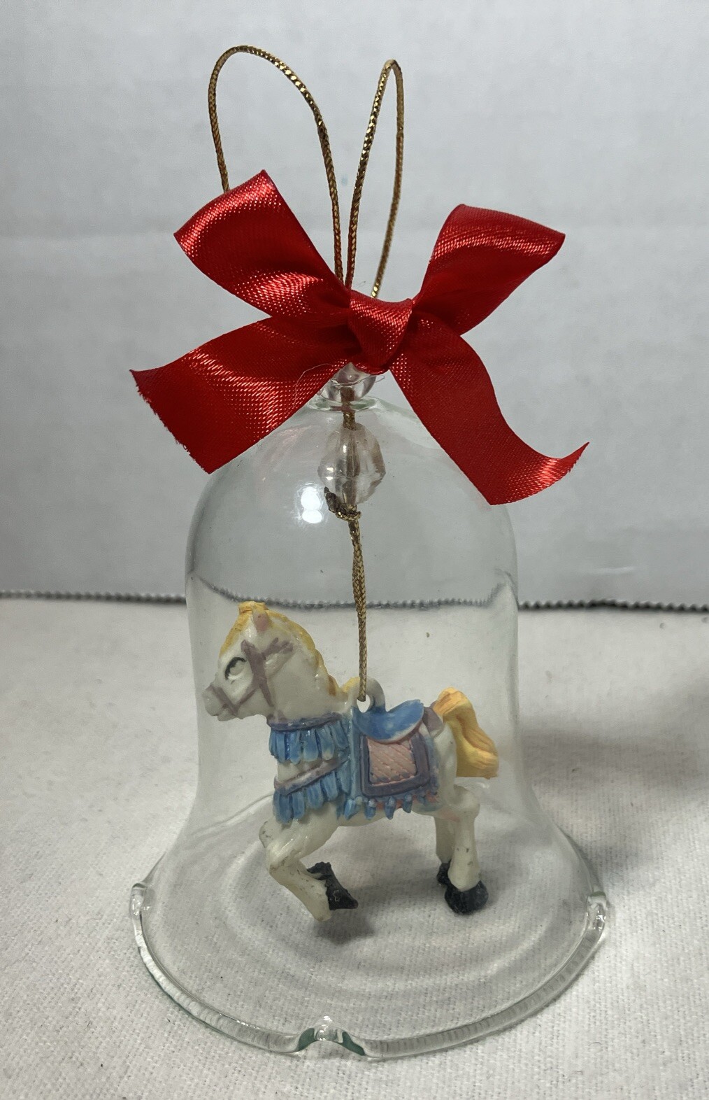 Christmas Ornament Hand Spun Blown Glass Bell with Carousel Horse Vintage W/Box