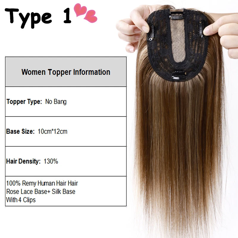 Silk Top Clip In Remy Human Hair Topper Women Hairpiece with Bangs ForLoss Hair - Image 2 of 4
