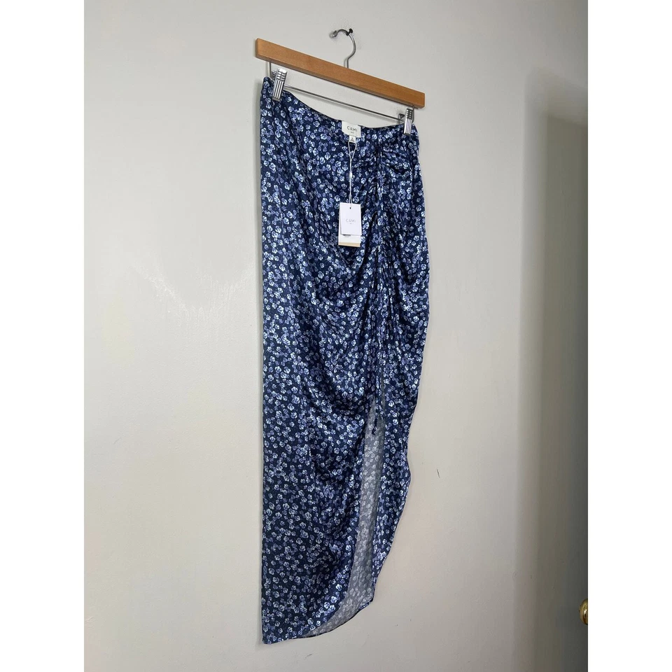 NWT Cami NYC Amanda Floral Silk Ruched Blue Pansy Print Midi Skirt with Slit  - Image 3 of 4