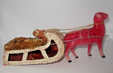 Vintage Antique Japan Santa Sleigh Reindeer Celluloid, Fabric, Raffia, Metal