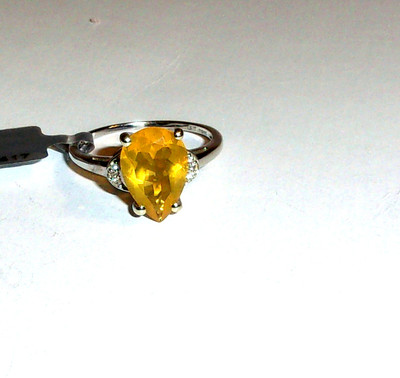 10K White Gold Golden Fire Opal (AAA) Pear Solitaire & White Zircon Ring, Sz 9 