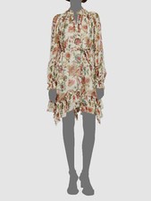 Ulla Johnson Women's Beige Silk Floral Band Collar Self-Tie Anais Dress Size 8