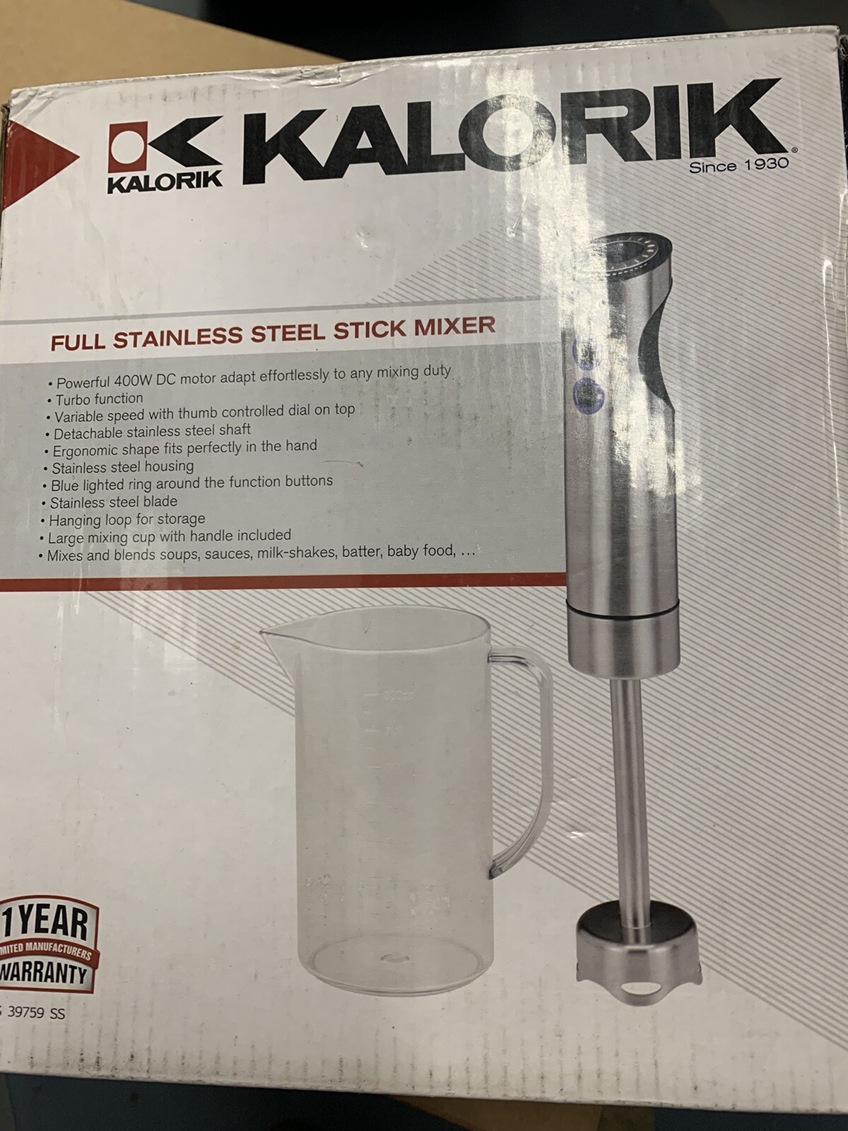 Kalorik Black/Stainless Steel Stick Mixer + Mixing Cup Used Once, Clean