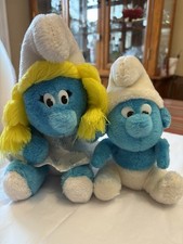 Set Of 2 Vintage 80's Smurfette Smurf Peyo Wallace Berrie Stuffed Plush 8"
