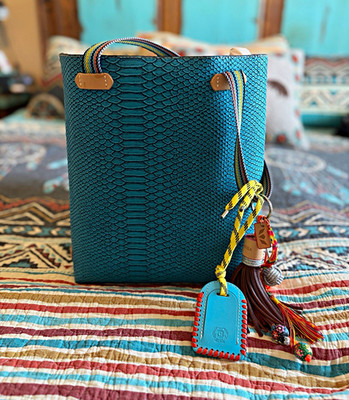 Women's Teal Embossed Animal Print Tote, Multicolor Shoulder Strap, Tassel