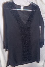 La Blanca L black tunic cover up sheer crochet trim beach swim resort top