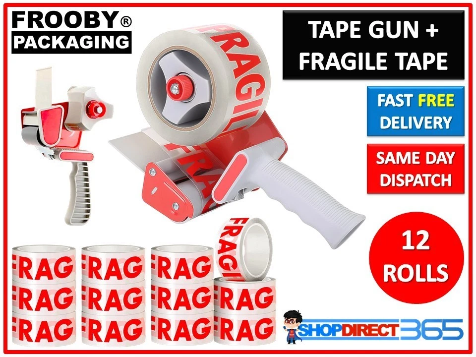 FROOBY TAPE GUN DISPENSER + 12 HUGE ROLLS OF FRAGILE 48MM x 66M PARCEL PACKING TAPE