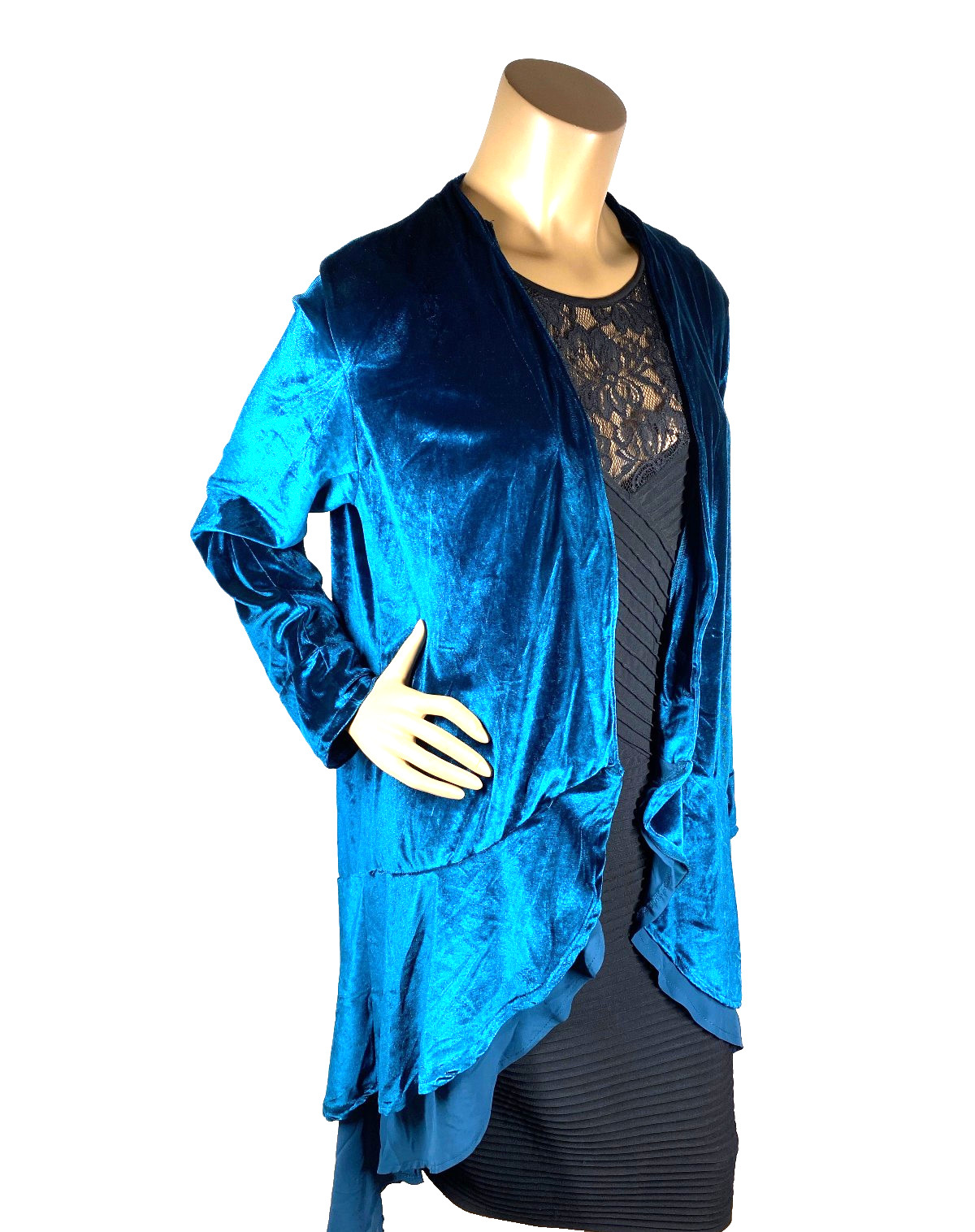 Urban Coco Teal Velvet Duster Open Cardigan Size L Chiffon Layer image 6