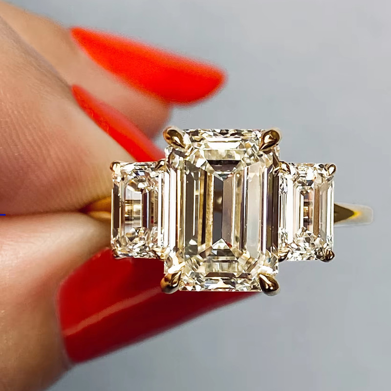Diamond Wedding Ring 14k Yellow Gold 5 Carat IGI Lab Grown Emerald Cut E F  VS