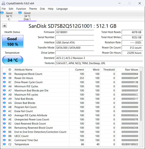 SanDisk X300s SATA 2,5" 512GB SSD SD7SB2Q-512G-1001 - 100% Health Status