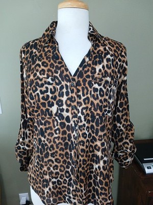 Express The Portofino Shirt Small Petite Animal Print Button Up Collared Rolled 