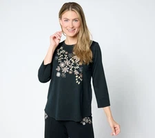 LOGO by Lori Goldstein Life 3/4 Sleeve Crew Neck Shirttail Hem Top Black XL New