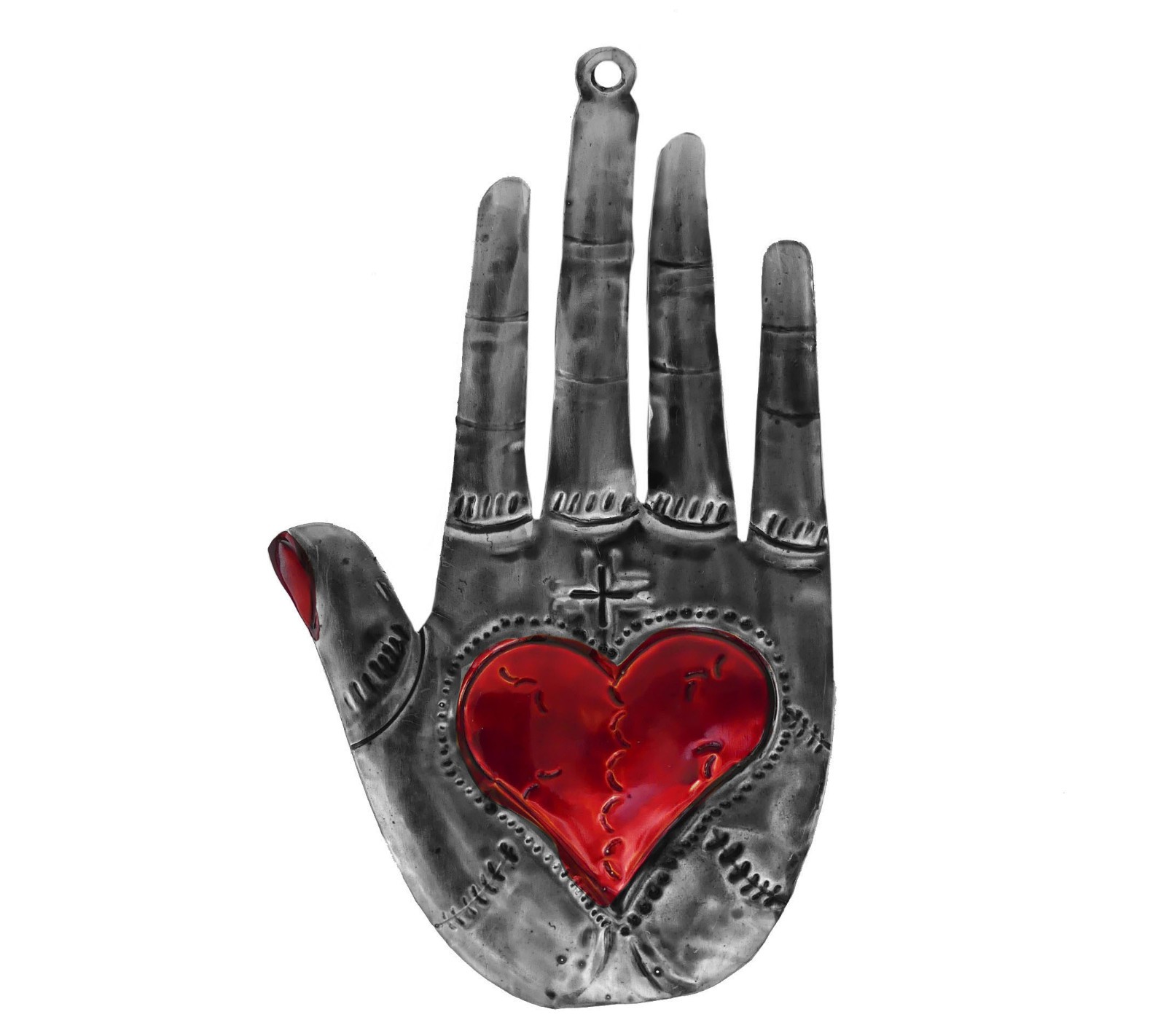 Sacred Milagro Heart in Hand Hamsa Ornament Mexican Folk Art Heart within a Hand