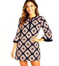 Crown & Ivy Shift Dress Womens 4 Tunic Peacock Diamond V-Neck Mini 3/4 Sleeve