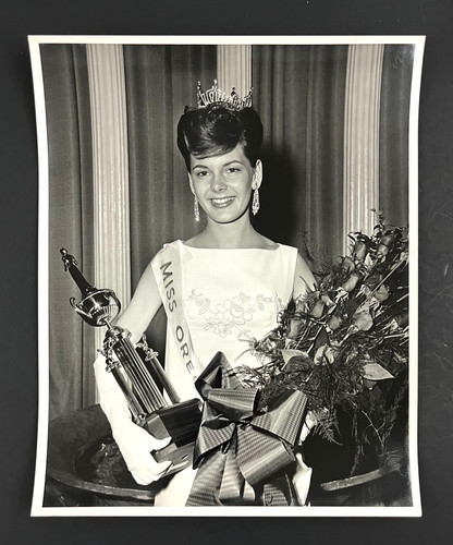 1960s Miss Oregon Beauty Pageant Contestant Trophy Crown Gown Vintage Photo