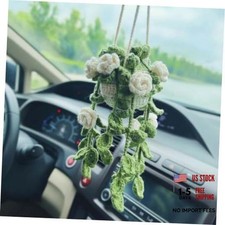 White Crochet Car Rear View Mirror Crochet Plant - Rose Car Charm
