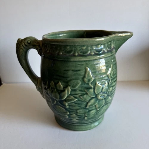 McCoy Green Glazed Stonewear Pitcher Embossed Lily Pads Fish Shaped Handle 1930s