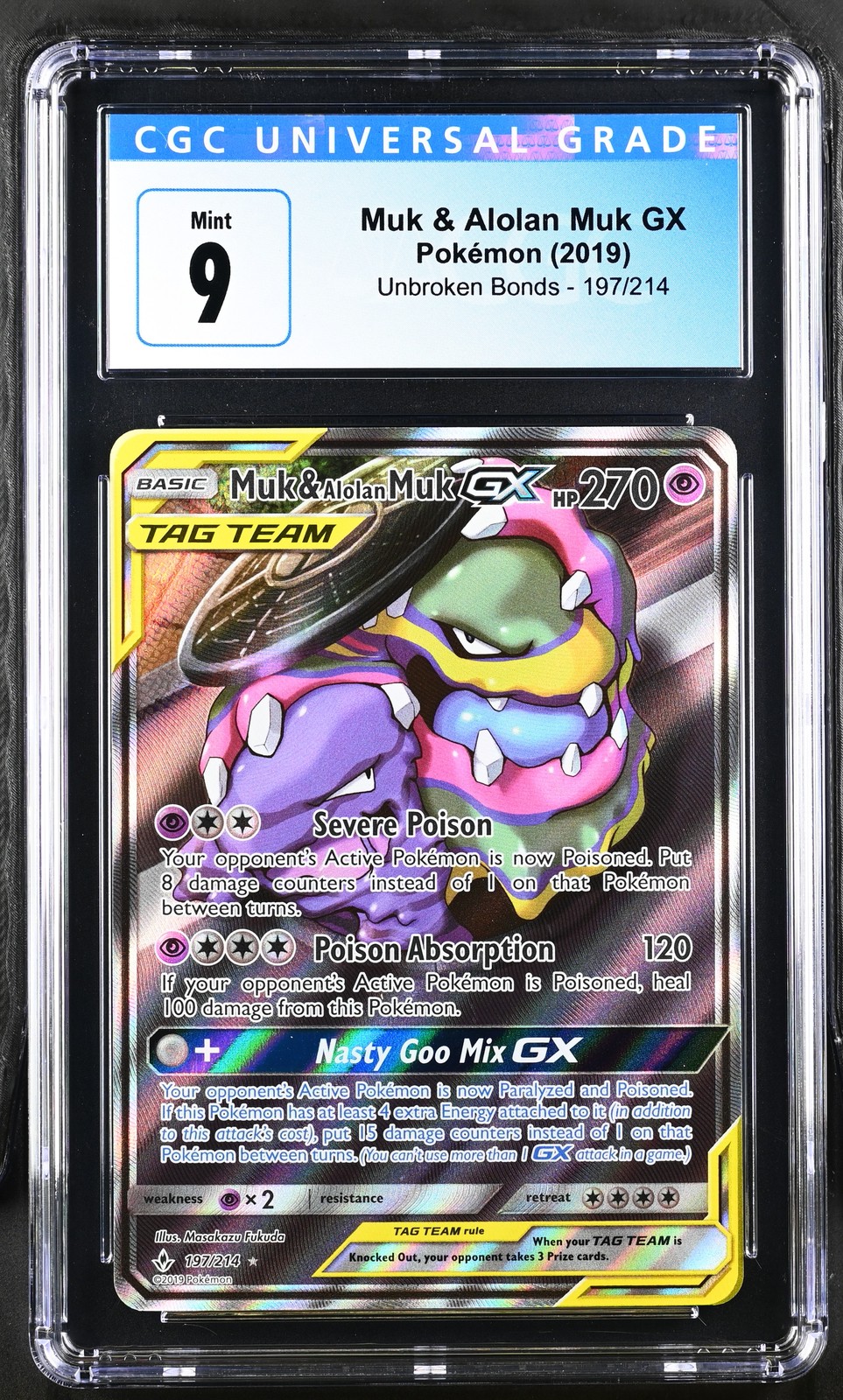 Muk & Alolan Muk Gx 197/214 Ultra Rare Holo Unbroken Bonds Pokemon CGC 9 Mint