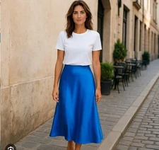 Rachel Zoe Bias Skirt Size 12 In Blue Satin Midi Length 