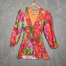 Farm Rio Sweet Forest Long Sleeve Mini Dress Orange Pink Size S