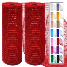 2 PCS Red Deco Mesh Ribbon Rolls 10 Inch 10 Yards Foil Wreaths Decor