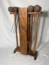 Vintage Croquet Lawn Game 4 Mallets 4 Grooved Balls Stakes Wickets Storage Tote